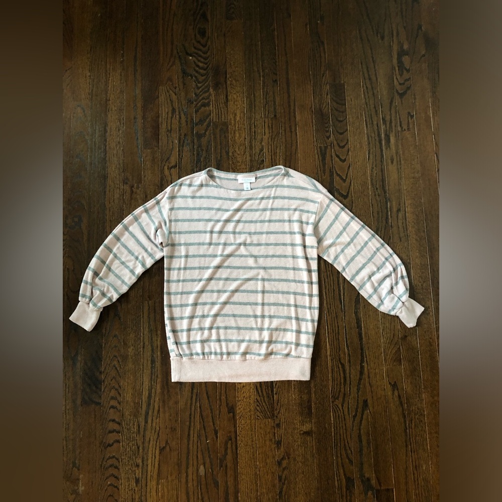 Motherhood Maternity Women’s M Pink/Gray Striped Crewneck Puffed Sleeved Sweater